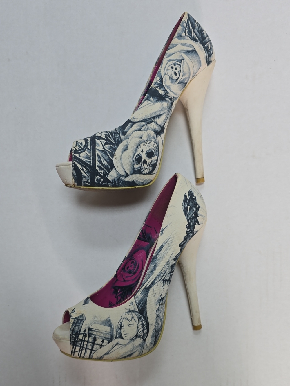 Iron Fist Ivory Skull & Rose Peep-Toe Stilettos